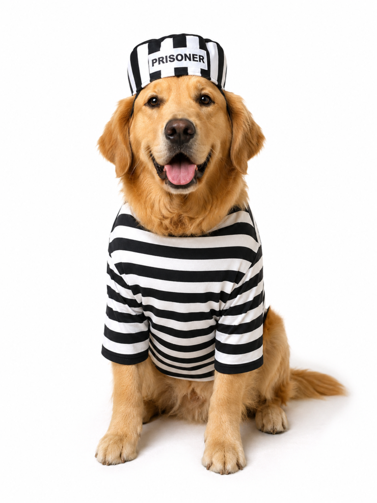 photo de chien en tenue de prisonnier